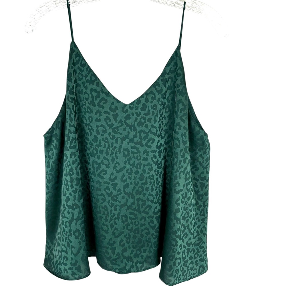 She & Sky Dk Emerald Leopard Jacquard Satin Cami Swing Top Sz L V-Neck Chic Luxe